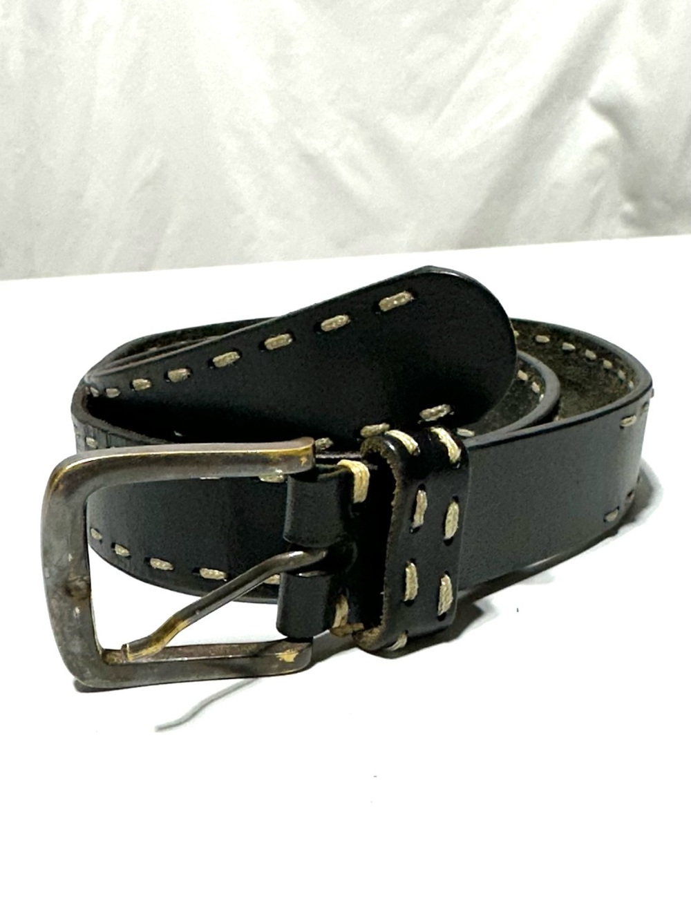 Genuine Leather Black Western Belt Brass Buckle Contrast Stitch Cowgirl Rodeo